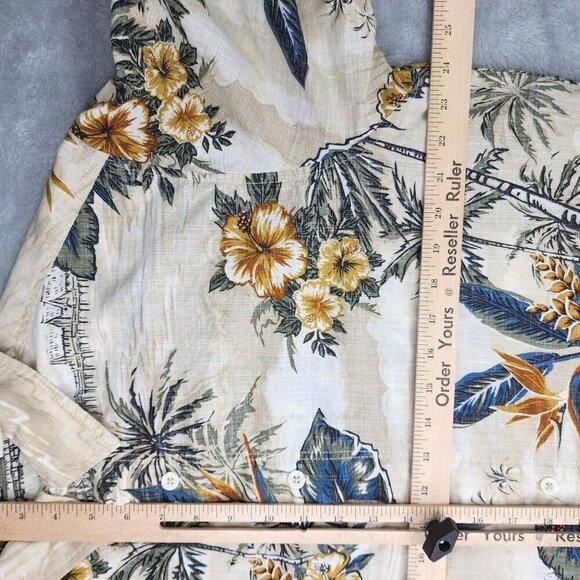 RedHead Hawaiian Shirt Mens L Tropical Floral Tan Blue Palm Trees Short Sleeve - Picture 7 of 9
